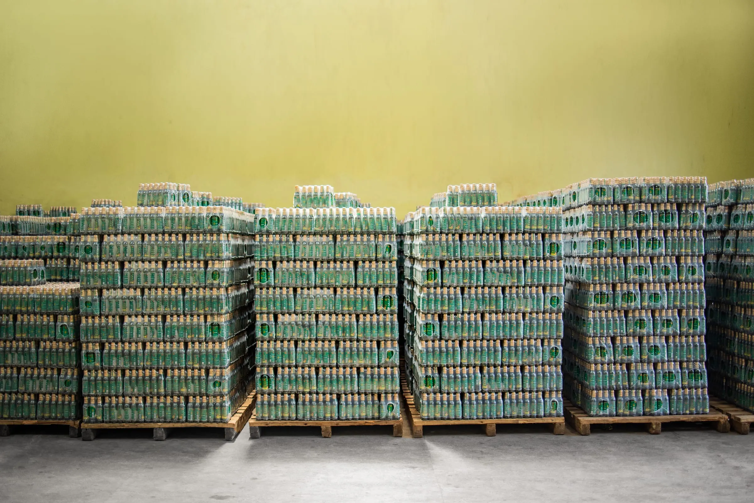 Palletised finished product stacked in the warehouse.